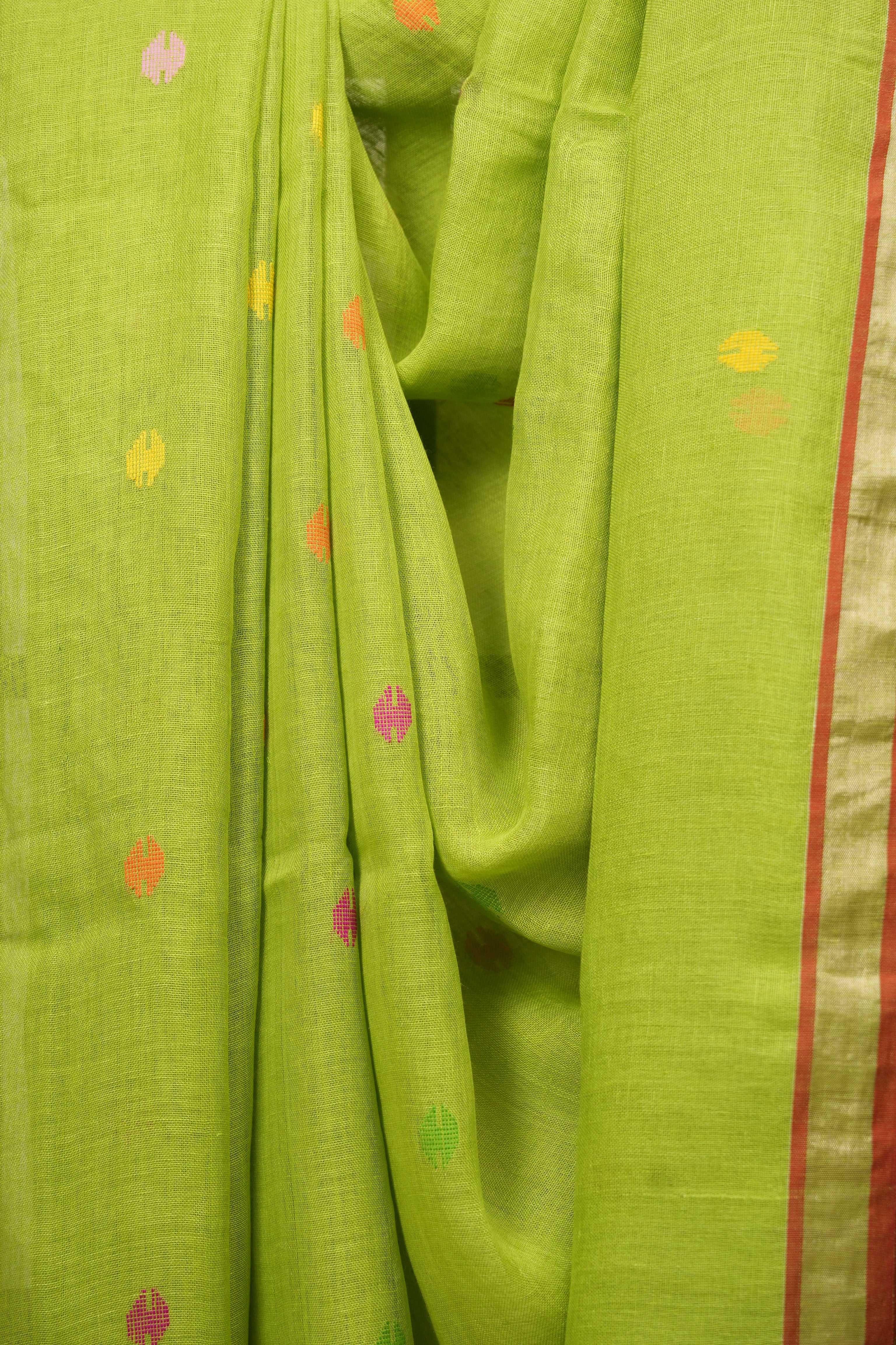 Parrot Green Linen Jamdani Saree - SRPGLJS532
