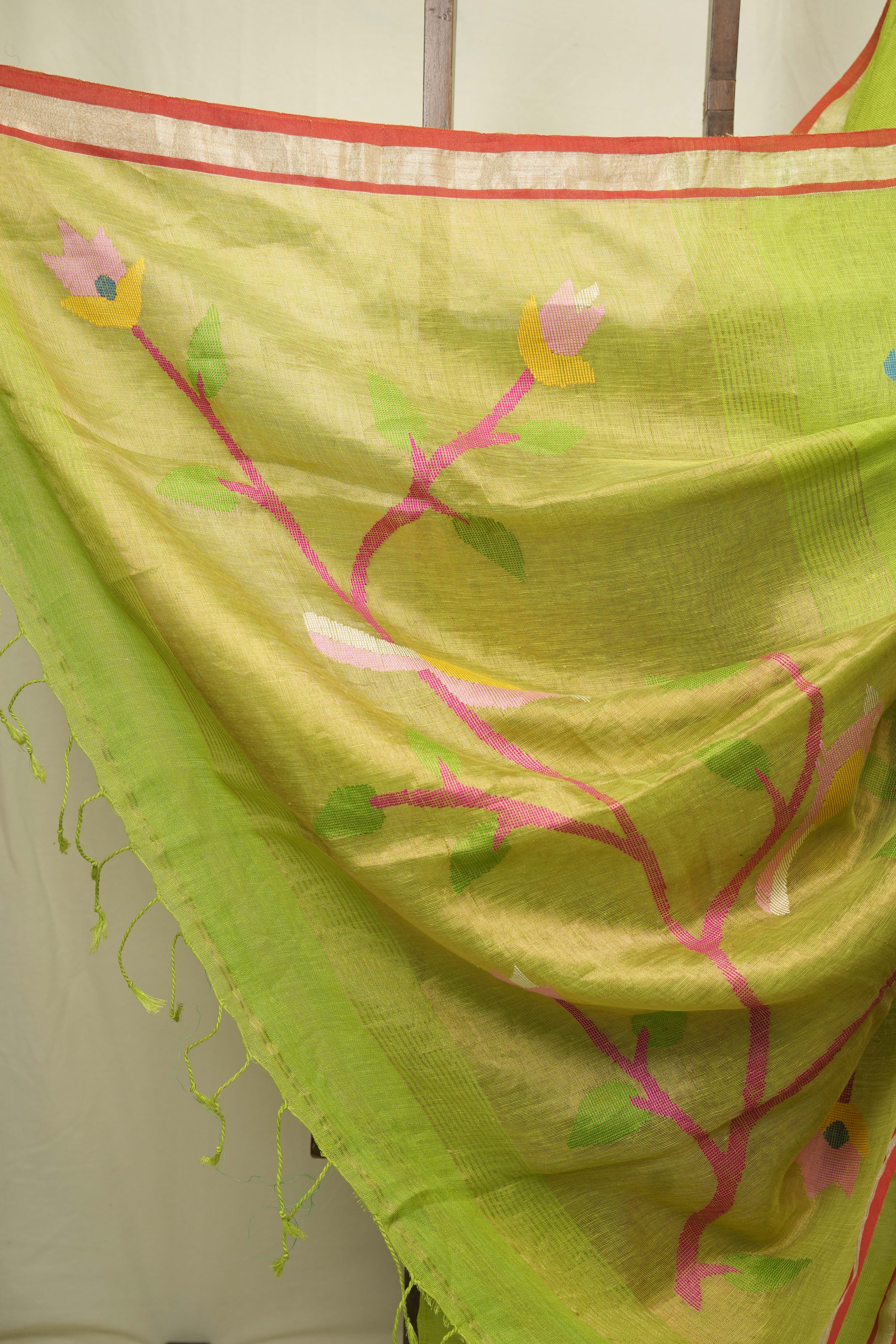 Parrot Green Linen Jamdani Saree - SRPGLJS532