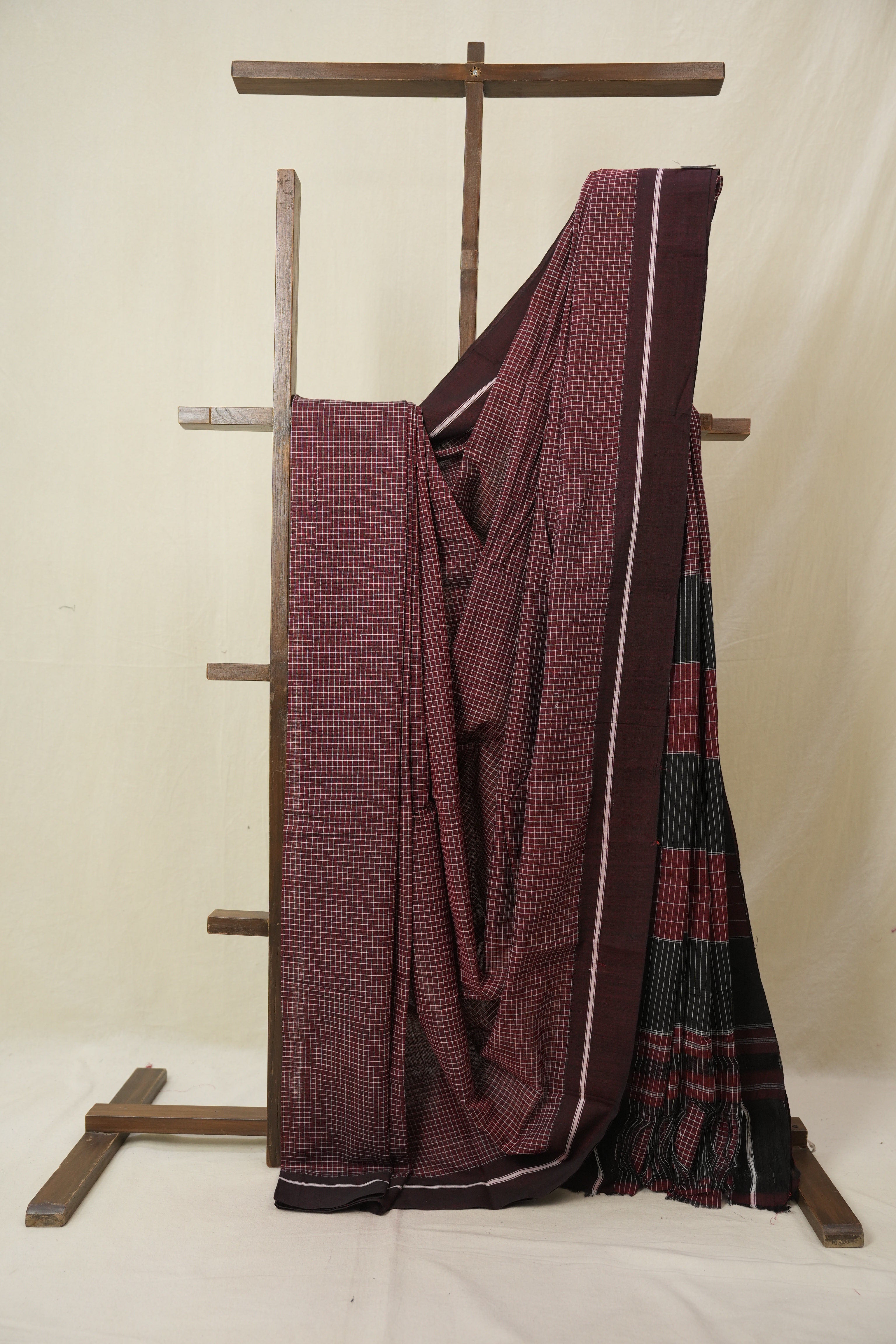 Maroon Big Checks Cotton Patteda Anchu Saree - SRMPAS349
