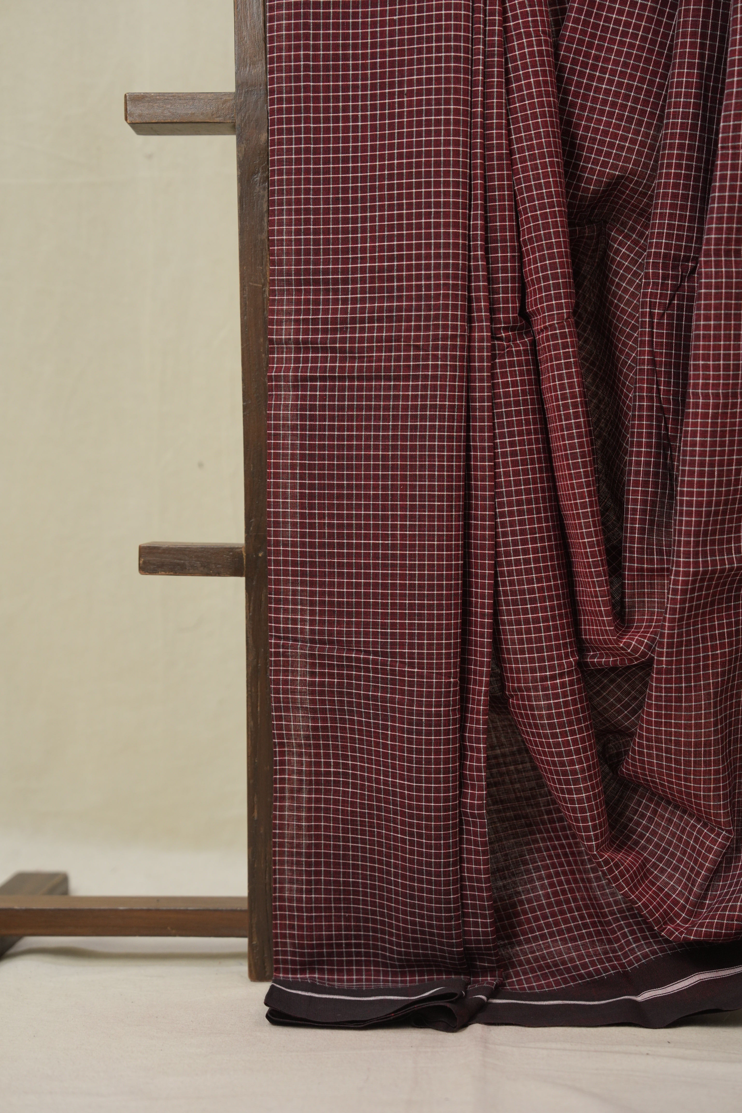 Maroon Big Checks Cotton Patteda Anchu Saree - SRMPAS349