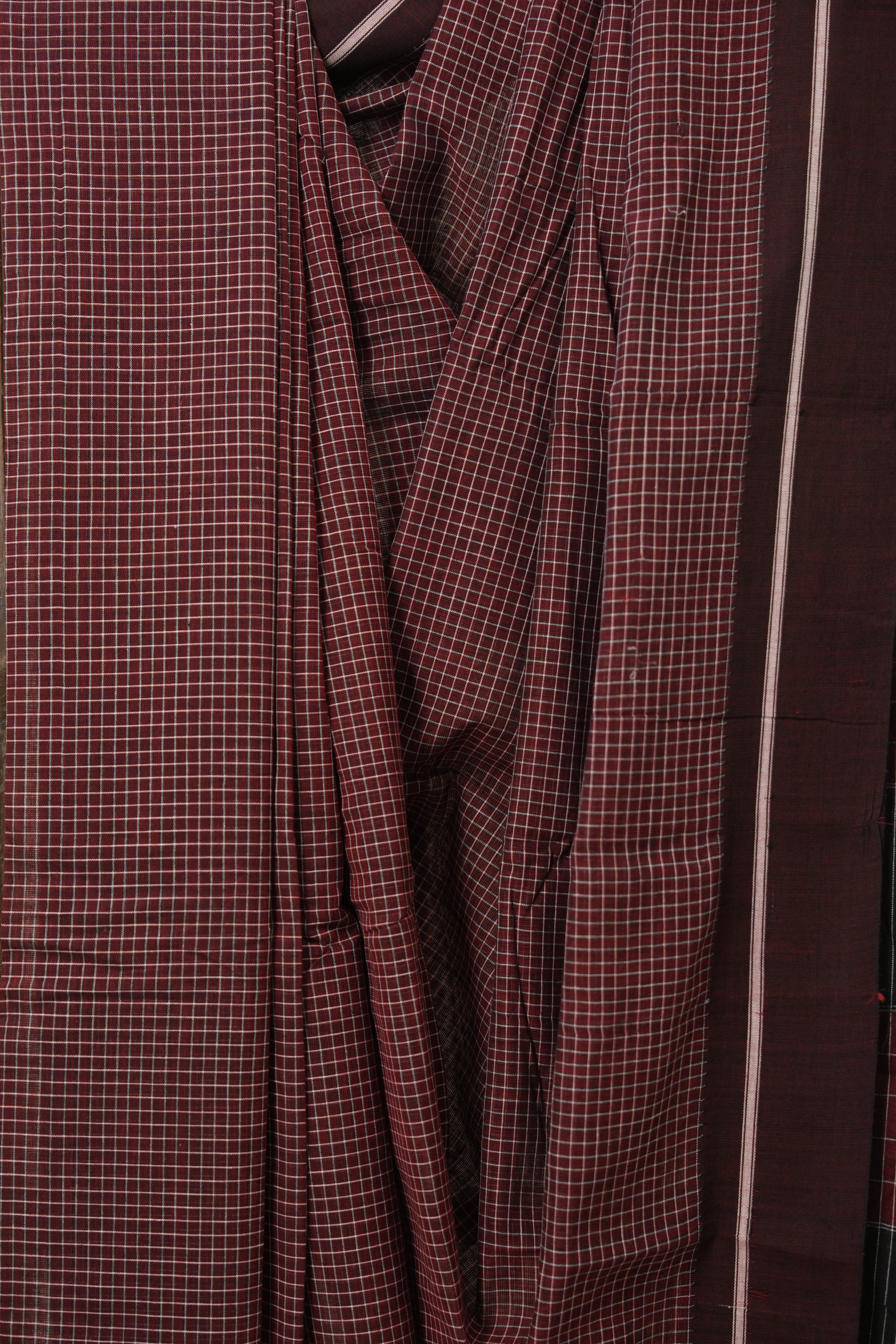 Maroon Big Checks Cotton Patteda Anchu Saree - SRMPAS349