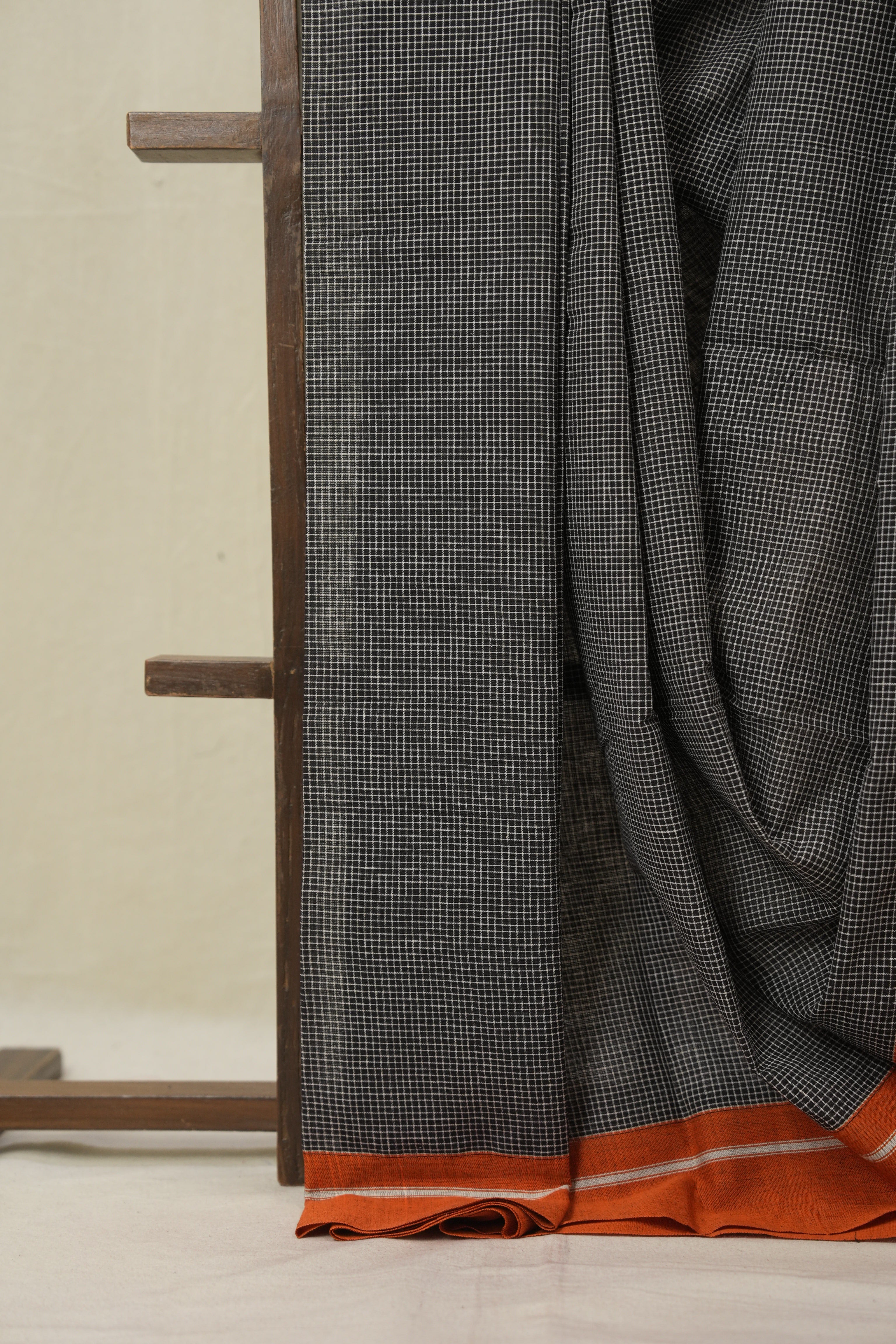Black Small Checks Cotton Patteda Anchu Saree - SRBPAS348