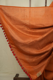 Orange Plain Tissue Linen Saree With Tassels - SROPTLS303
