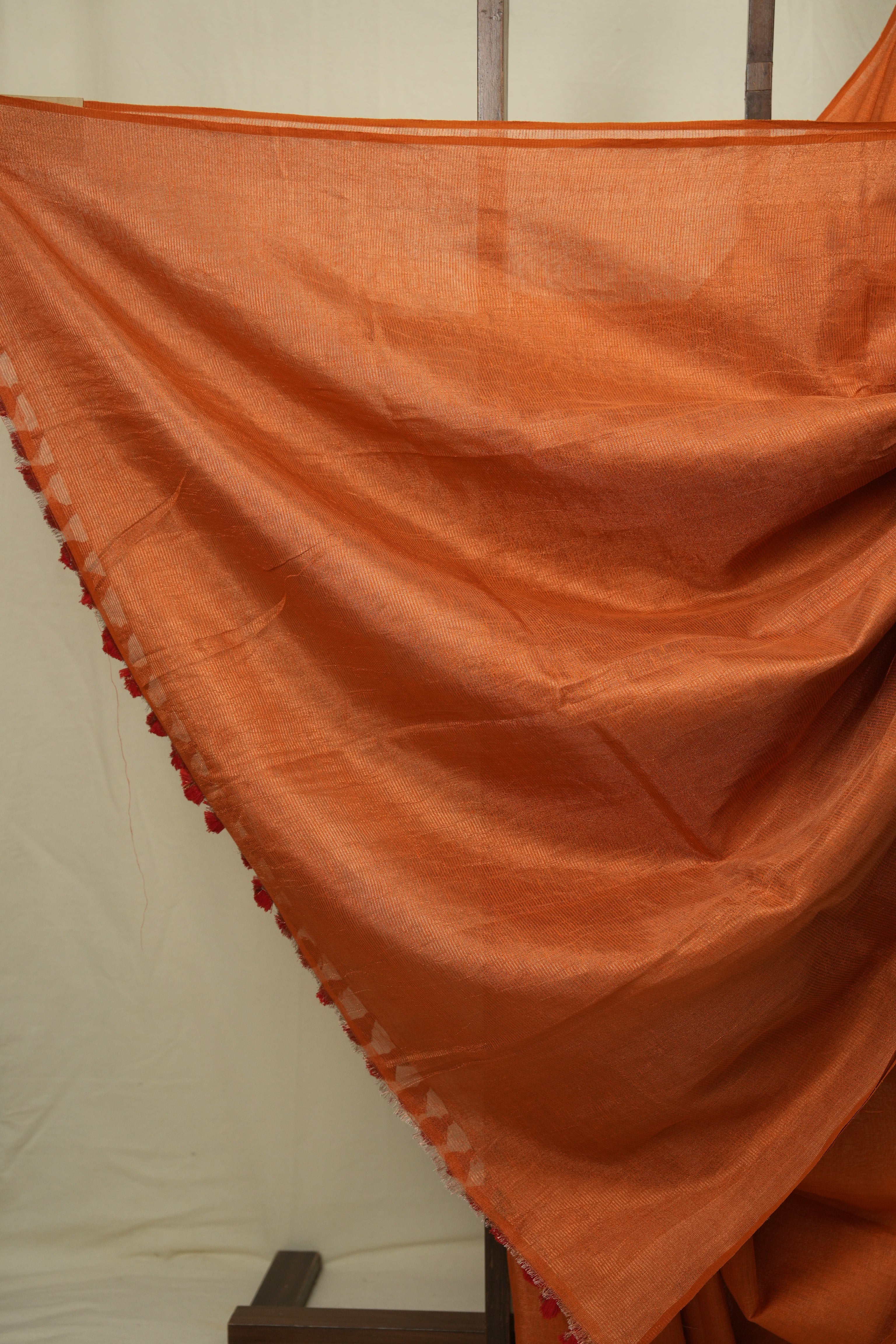 Orange Plain Tissue Linen Saree With Tassels - SROPTLS303