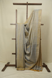 Grey Gold Plain Tissue Linen Saree with Tassels - SRGGPTLS309