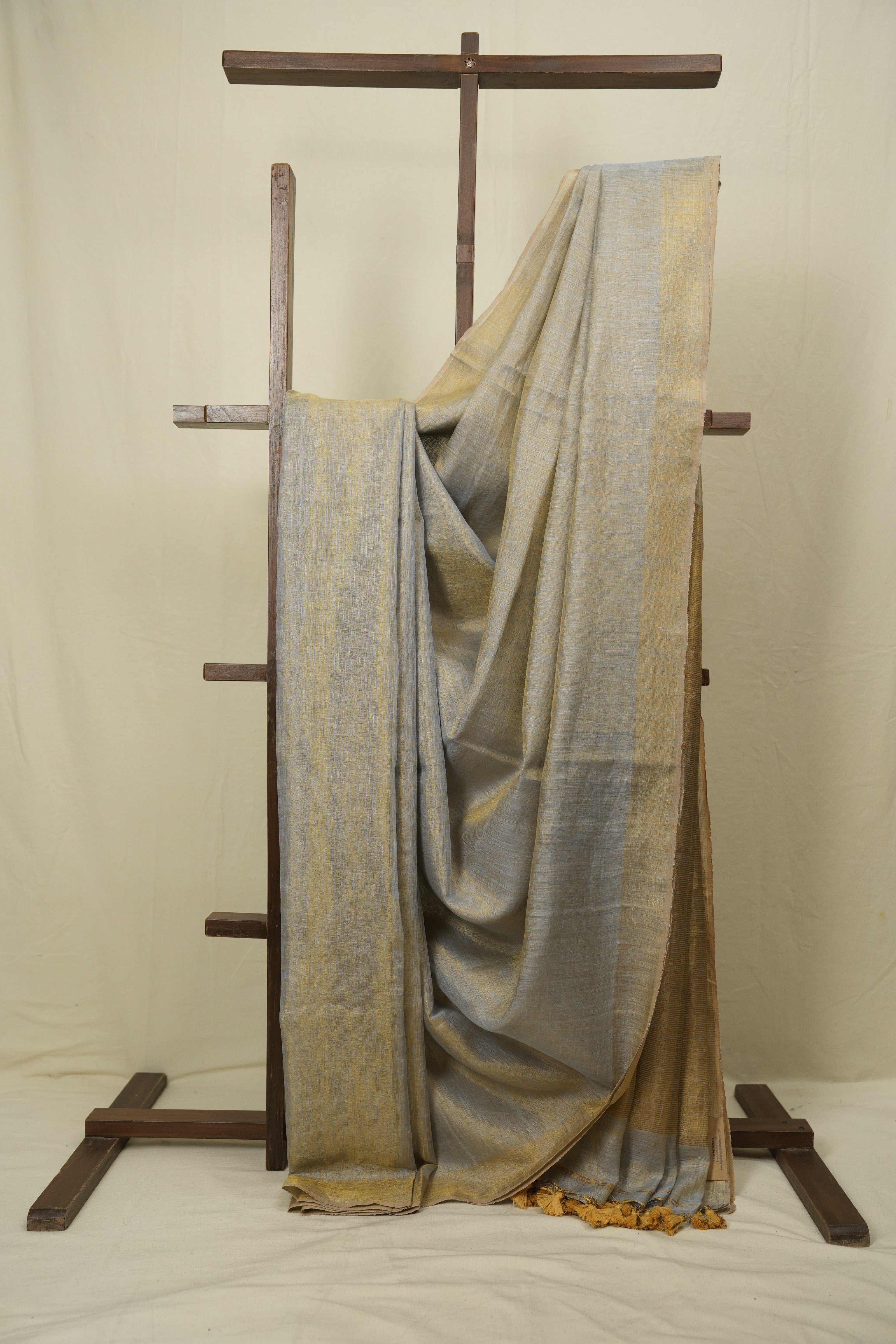 Grey Gold Plain Tissue Linen Saree with Tassels - SRGGPTLS309