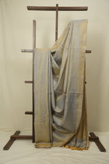 Grey Gold Plain Tissue Linen Saree with Tassels - SRGGPTLS309