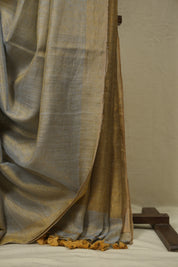 Grey Gold Plain Tissue Linen Saree with Tassels - SRGGPTLS309