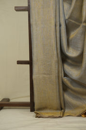 Grey Gold Plain Tissue Linen Saree with Tassels - SRGGPTLS309