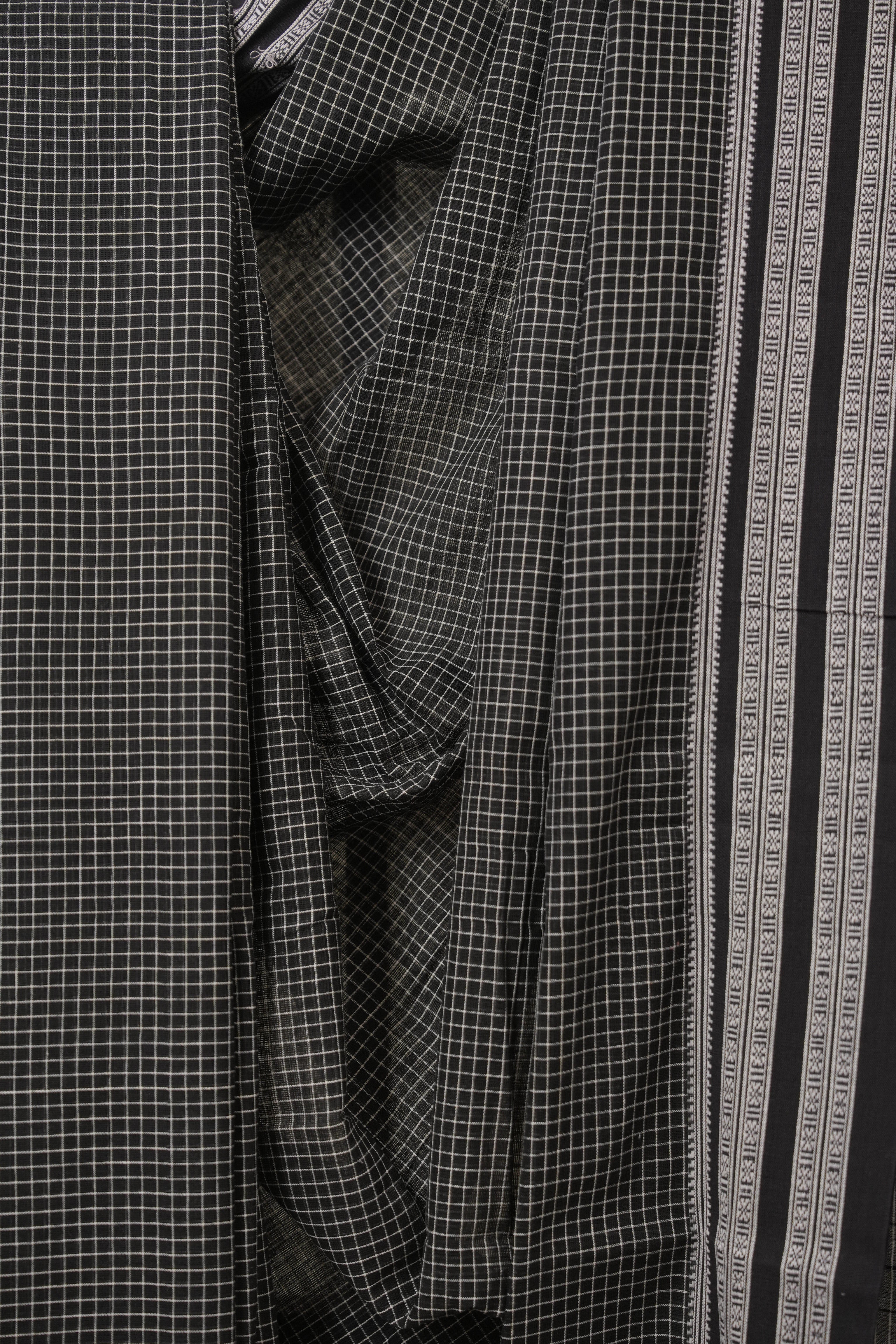 Black Big Checks Cotton Patteda Anchu Saree - SRBPAS344