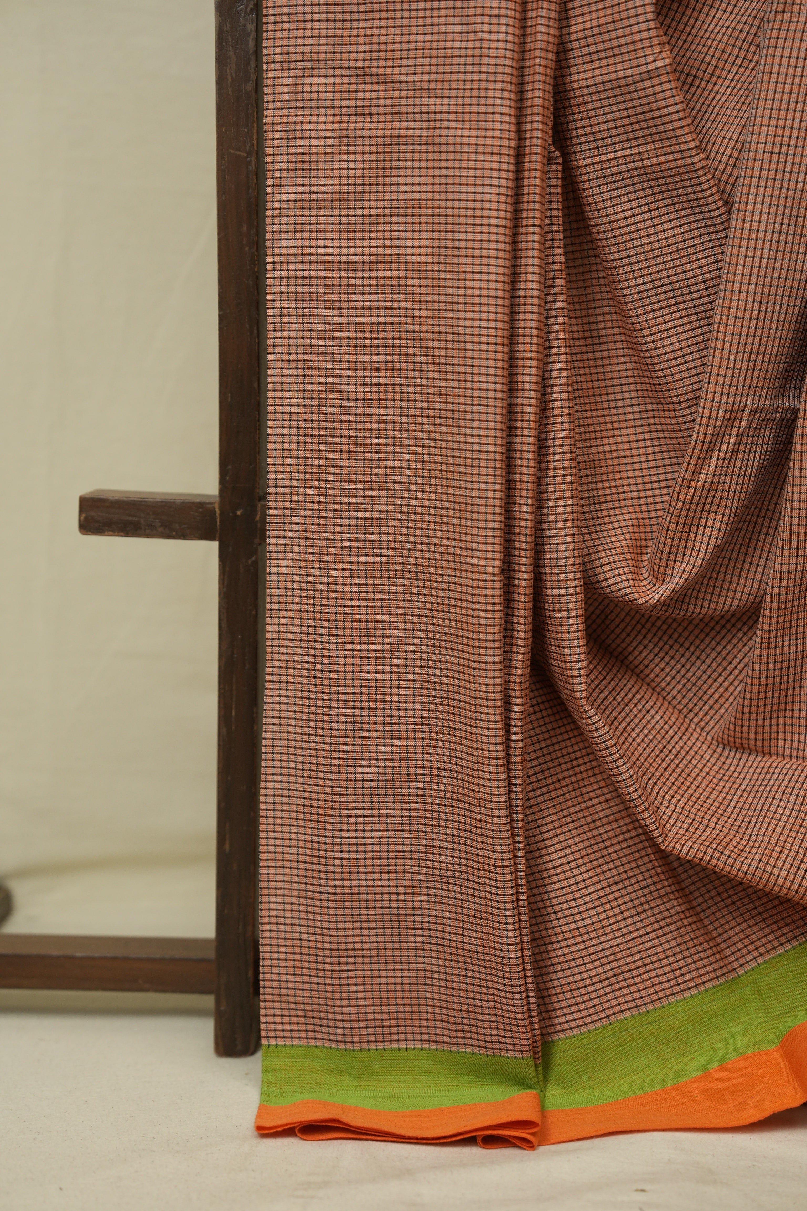Peach Small Checks Cotton Patteda Anchu Saree - SRPPAS357