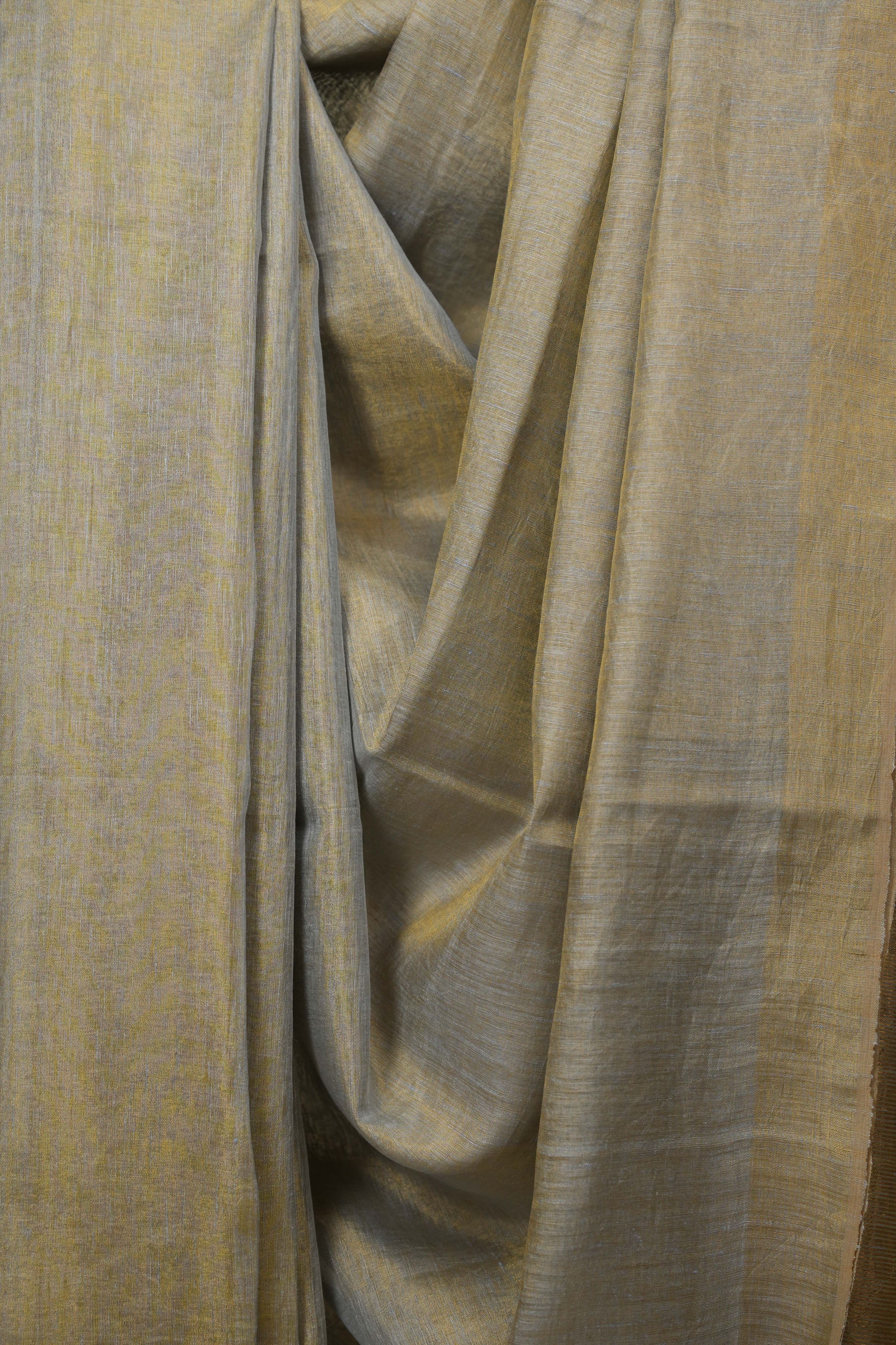 Grey Gold Plain Tissue Linen Saree with Tassels - SRGGPTLS309