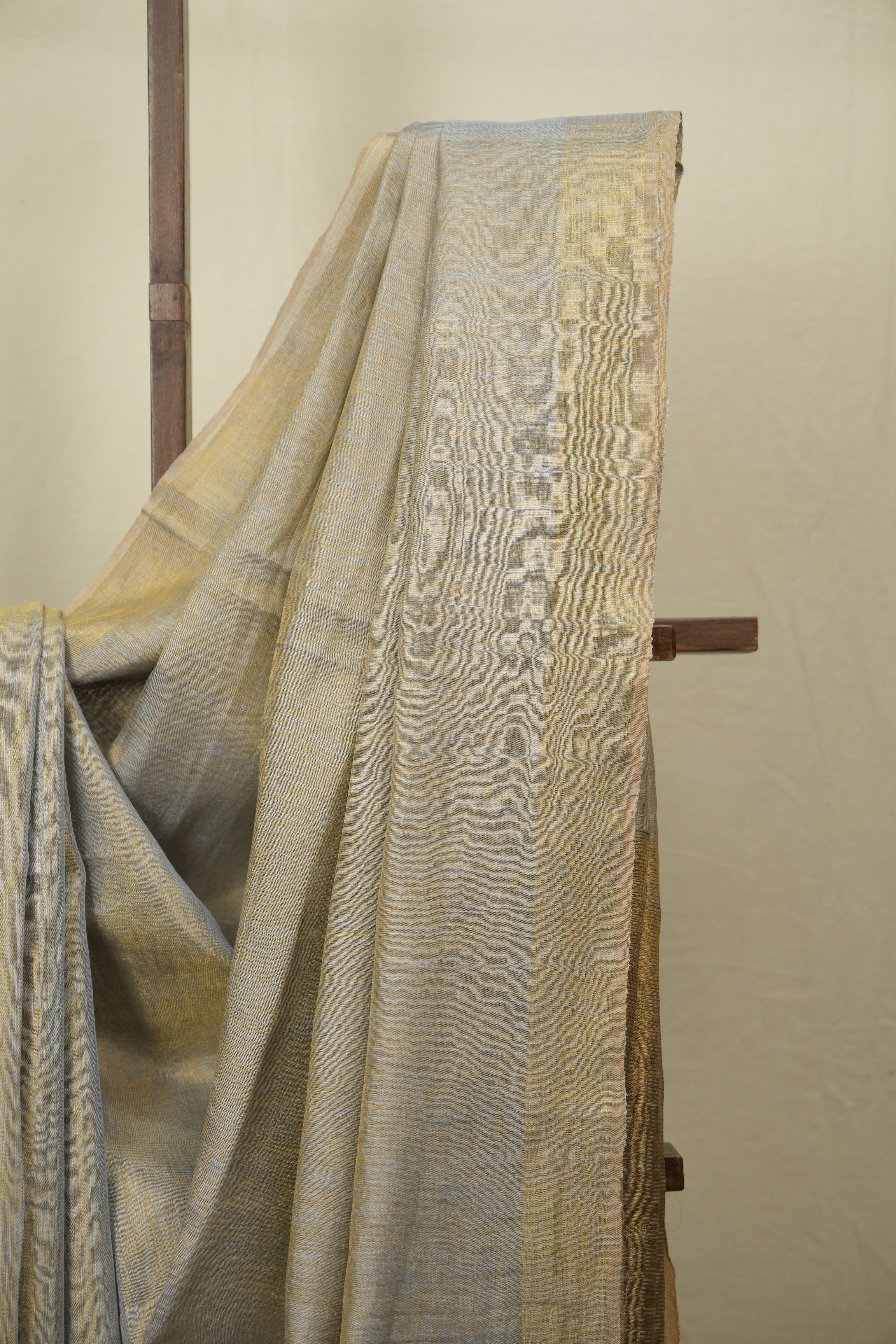 Grey Gold Plain Tissue Linen Saree with Tassels - SRGGPTLS309