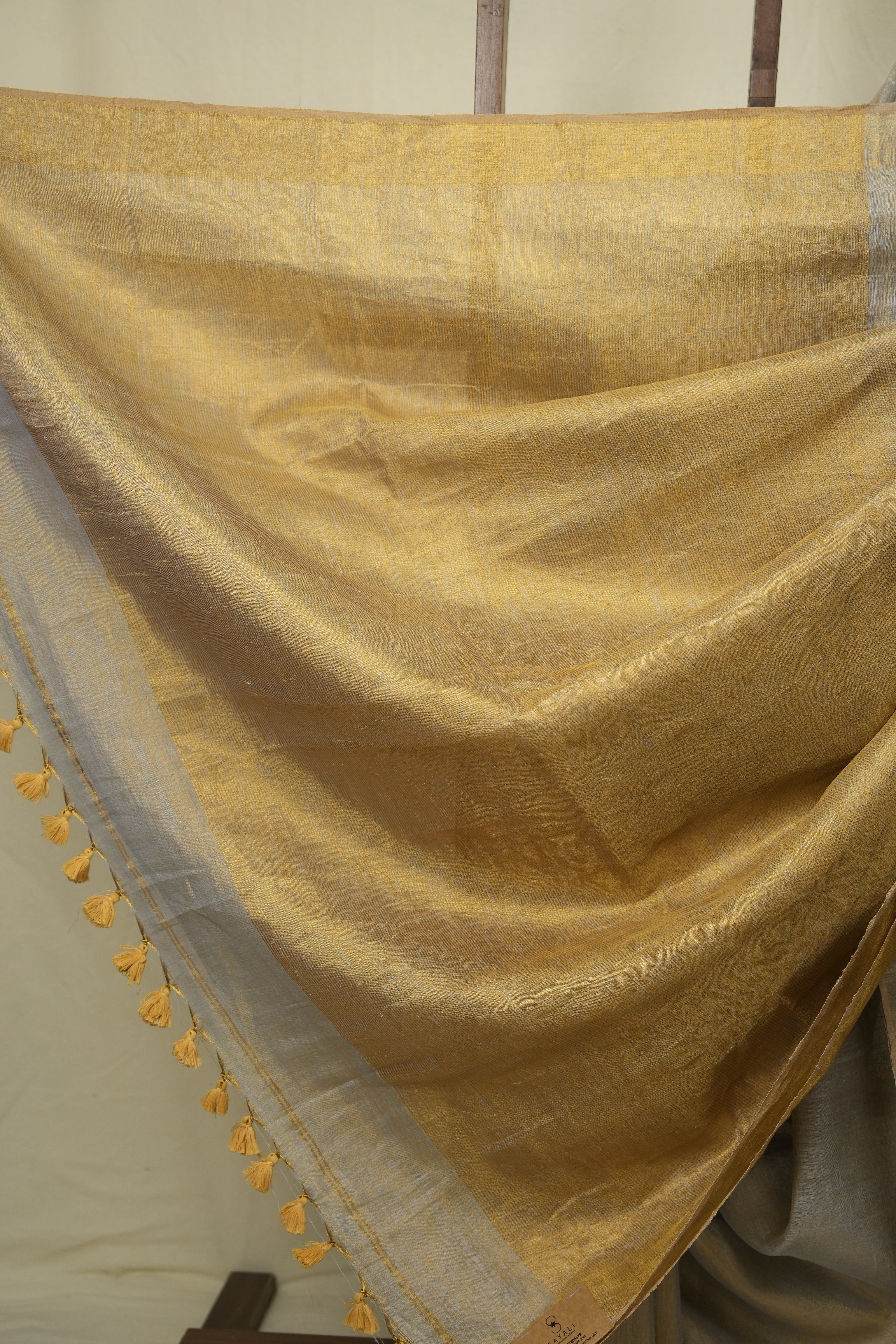 Grey Gold Plain Tissue Linen Saree with Tassels - SRGGPTLS309