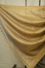 Grey Gold Plain Tissue Linen Saree with Tassels - SRGGPTLS309