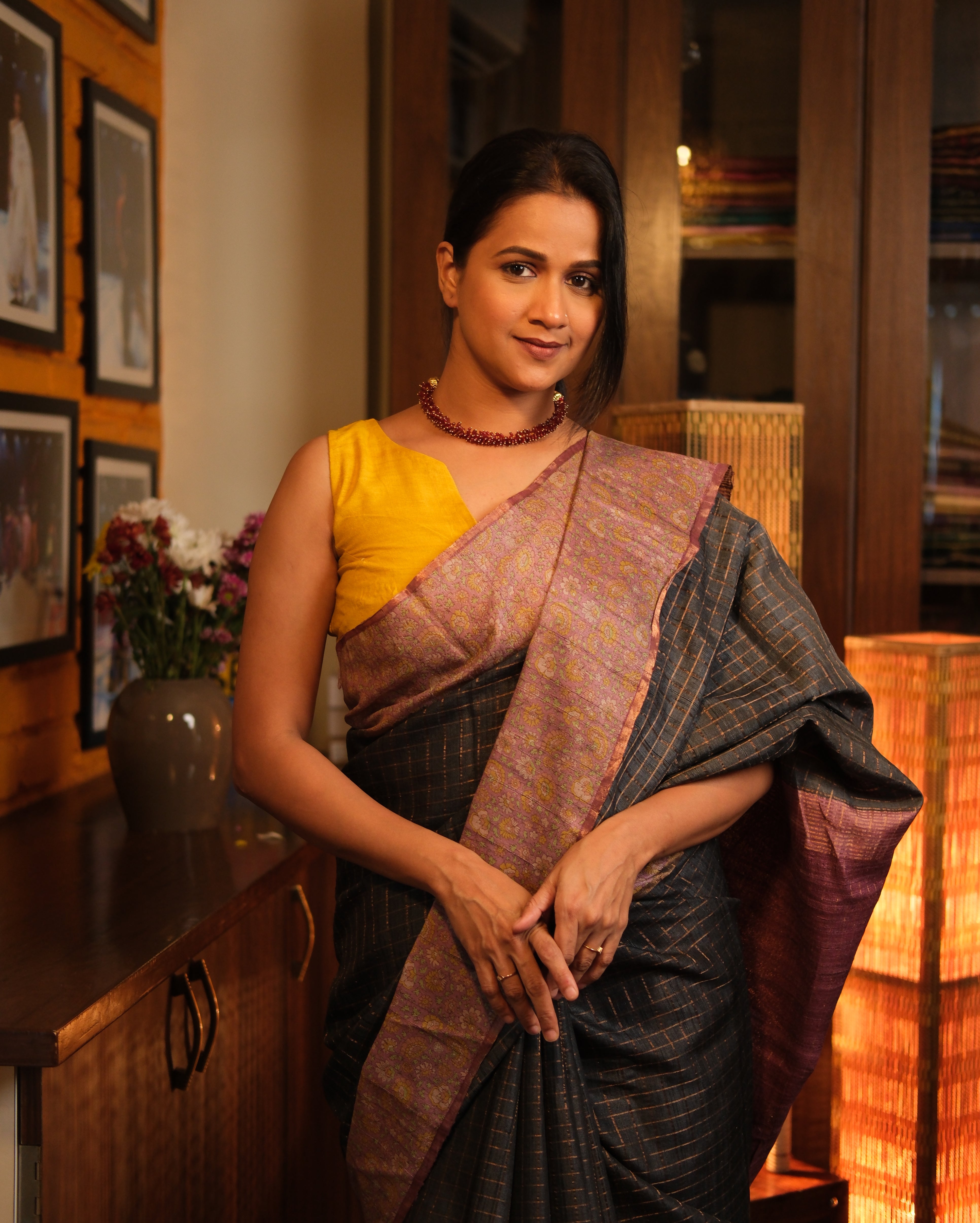Blackish Grey Tussar Silk Saree - SRBGTSS1300