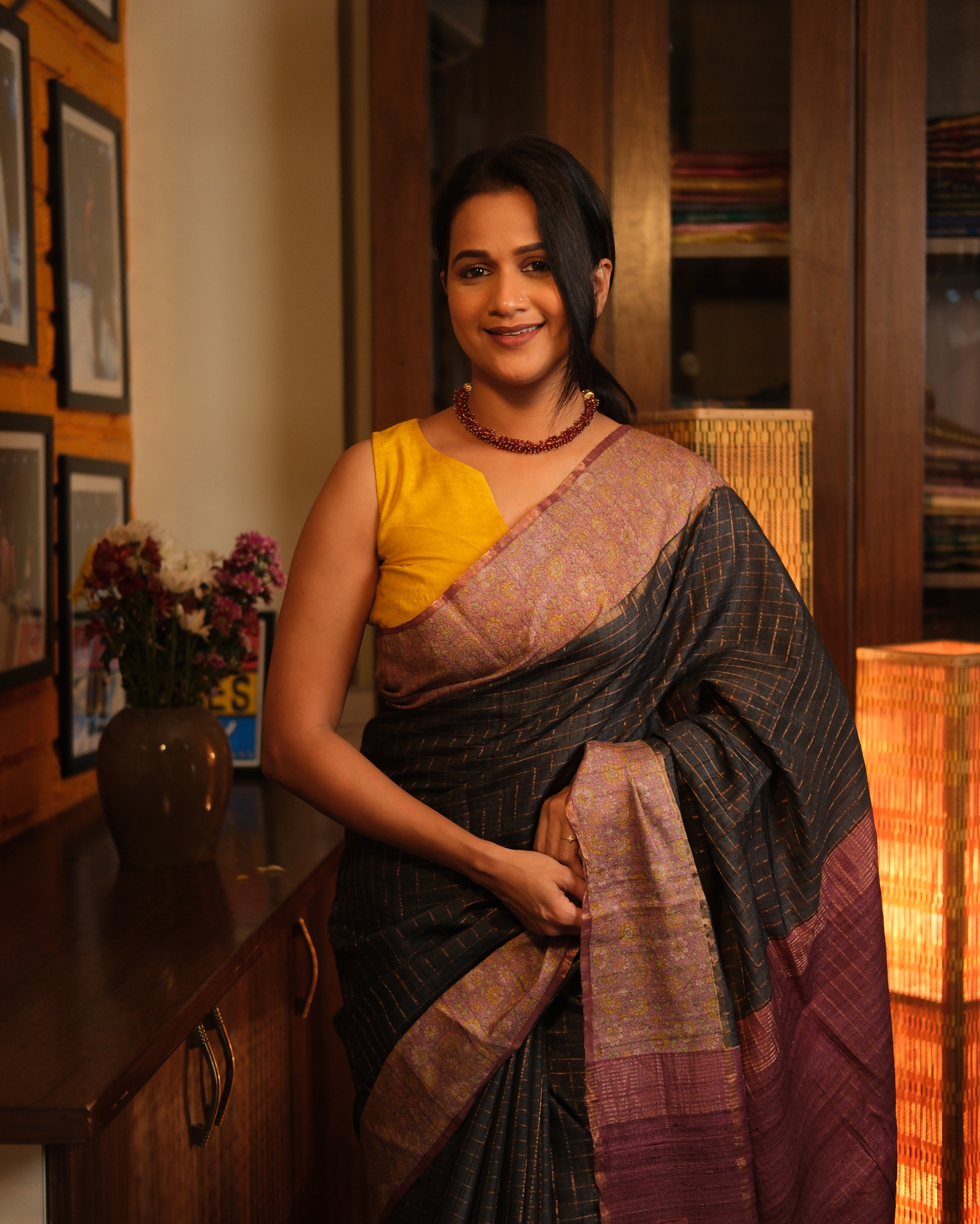 Blackish Grey Tussar Silk Saree - SRBGTSS1300