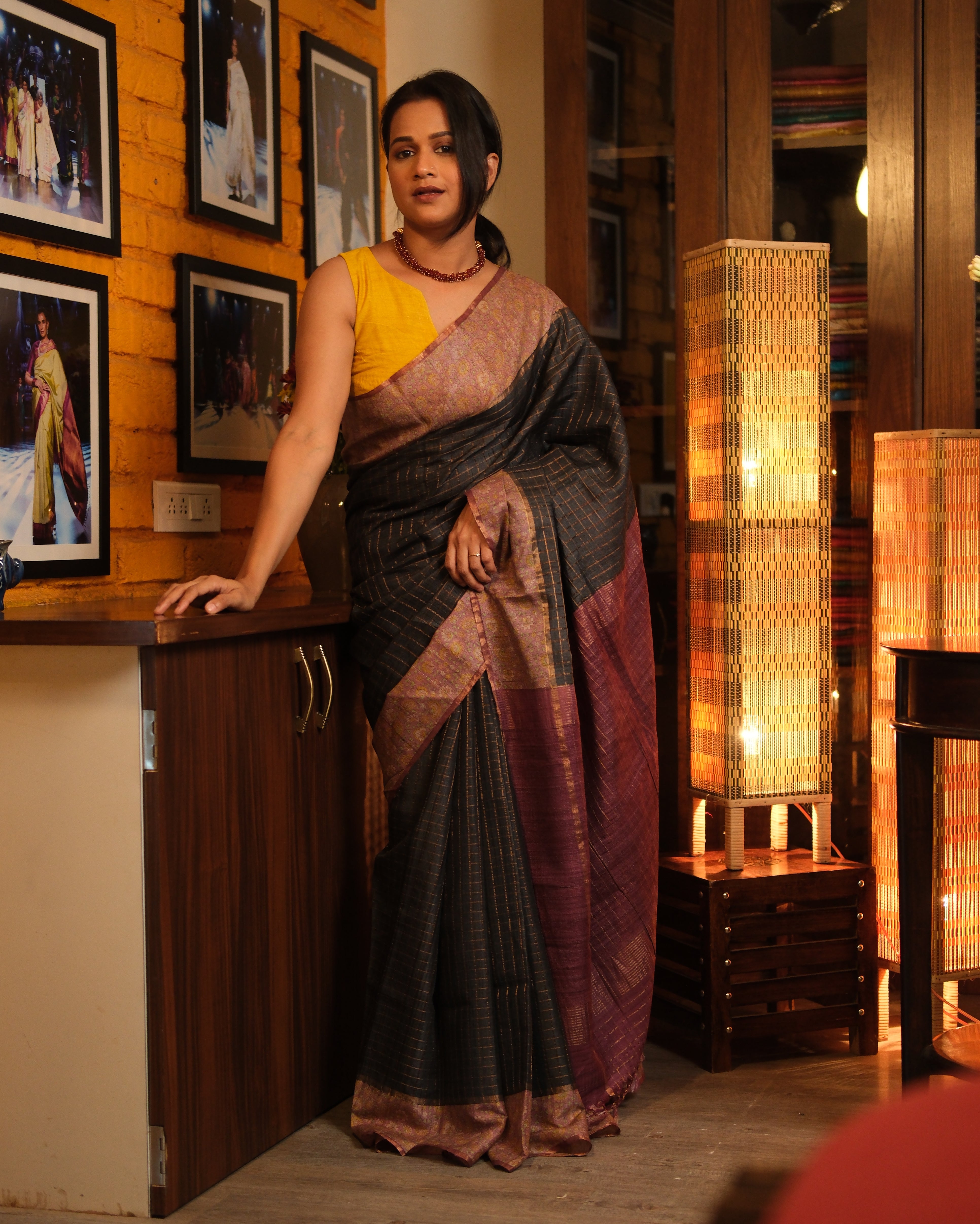 Blackish Grey Tussar Silk Saree - SRBGTSS1300