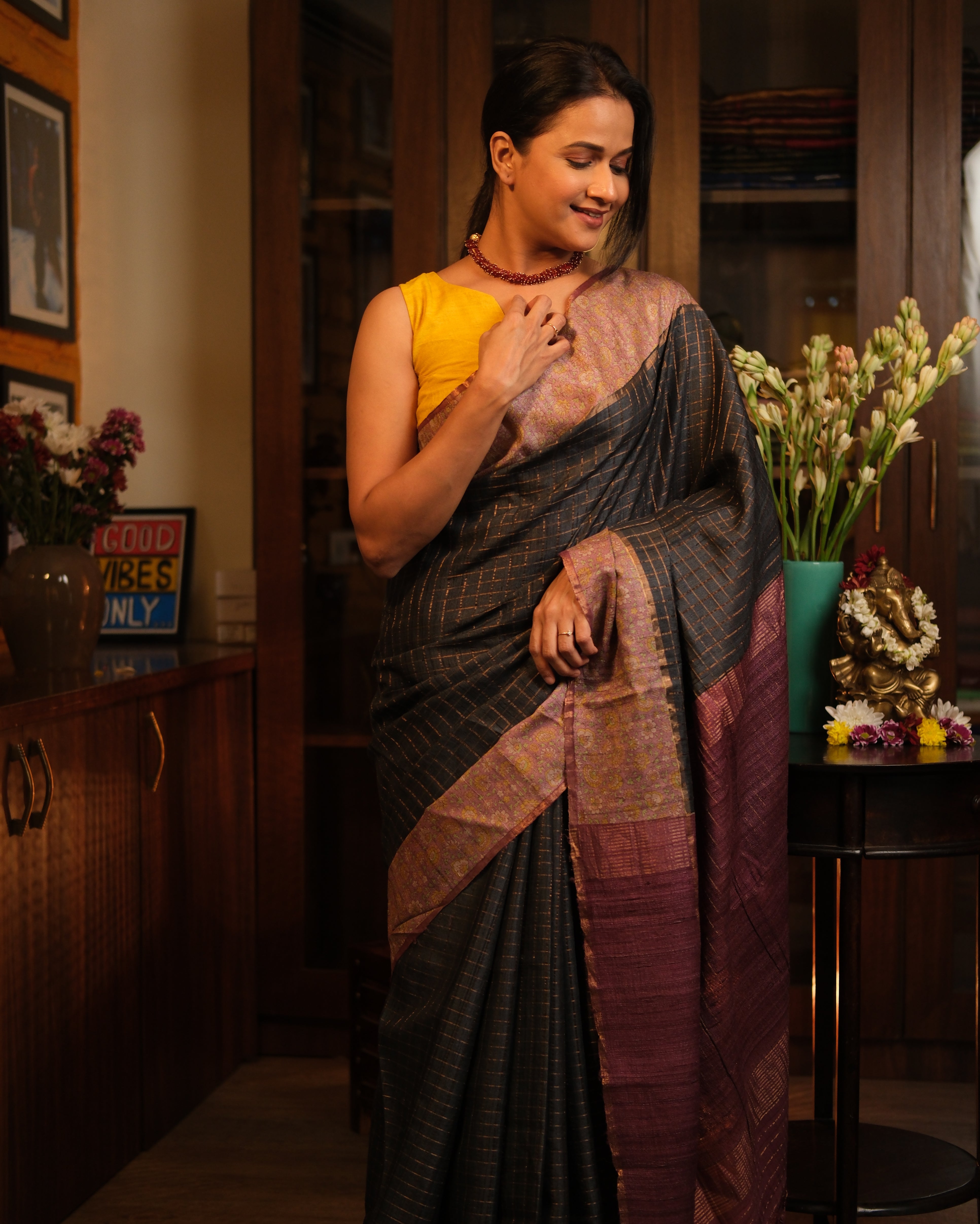Blackish Grey Tussar Silk Saree - SRBGTSS1300