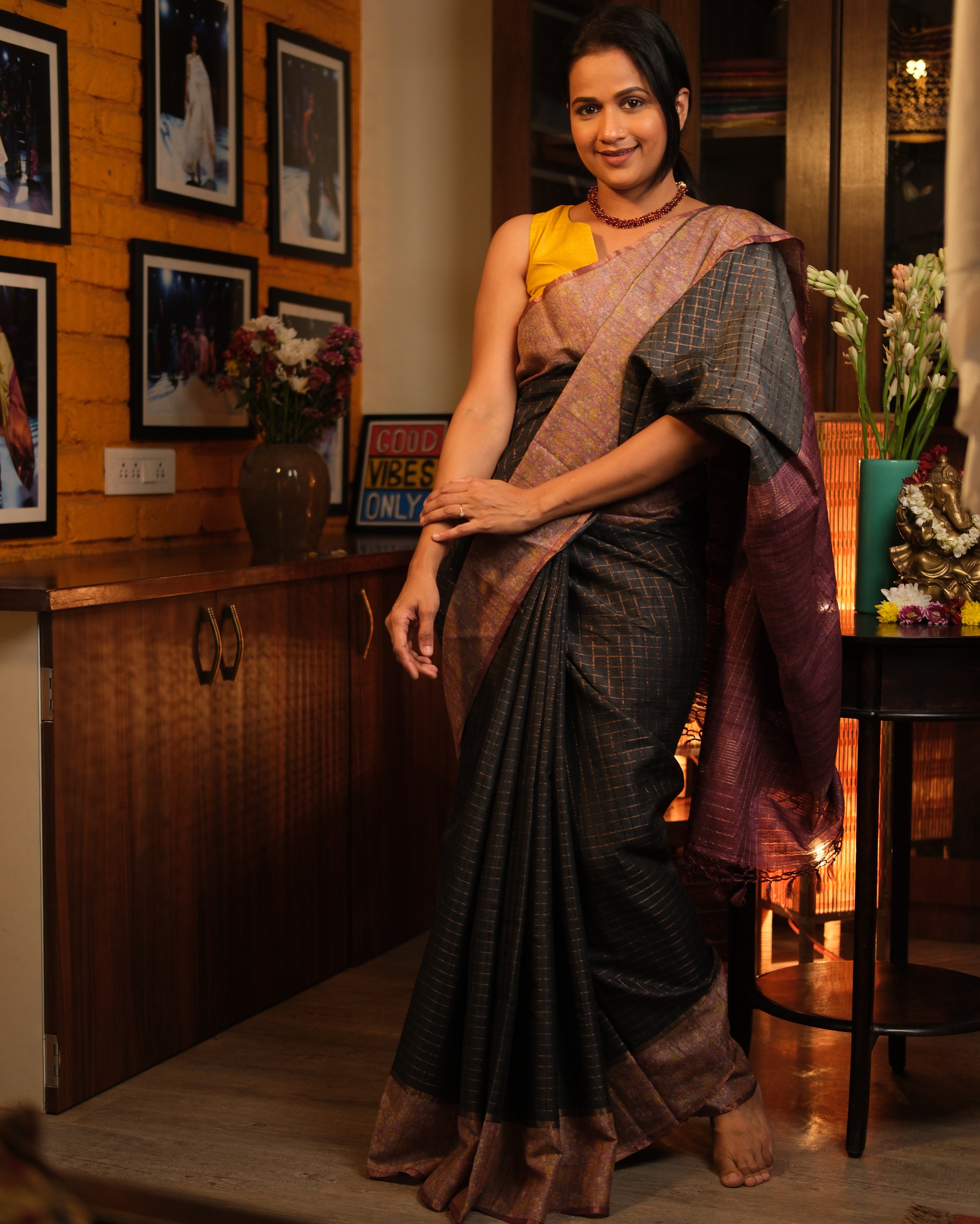 Blackish Grey Tussar Silk Saree - SRBGTSS1300
