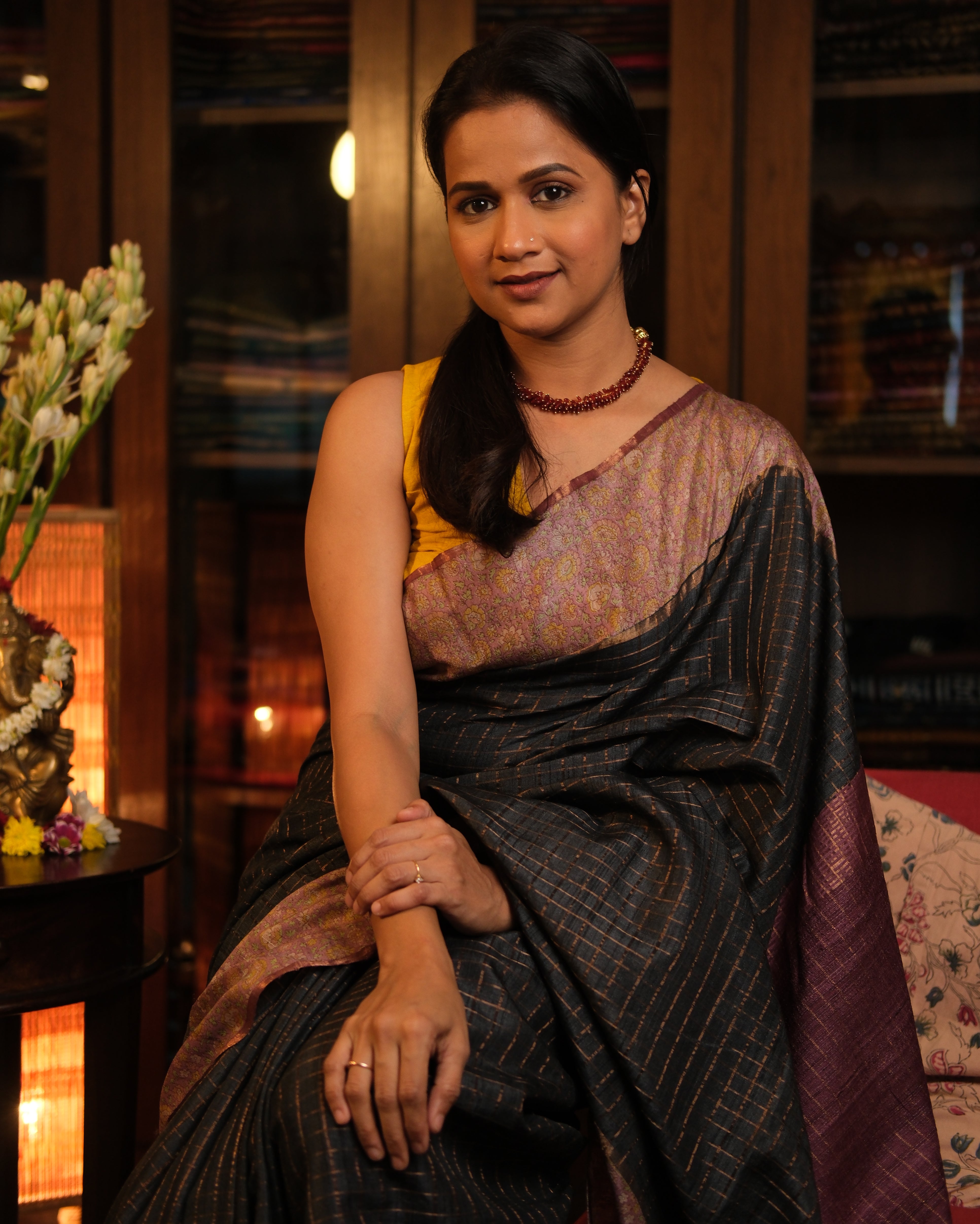 Blackish Grey Tussar Silk Saree - SRBGTSS1300