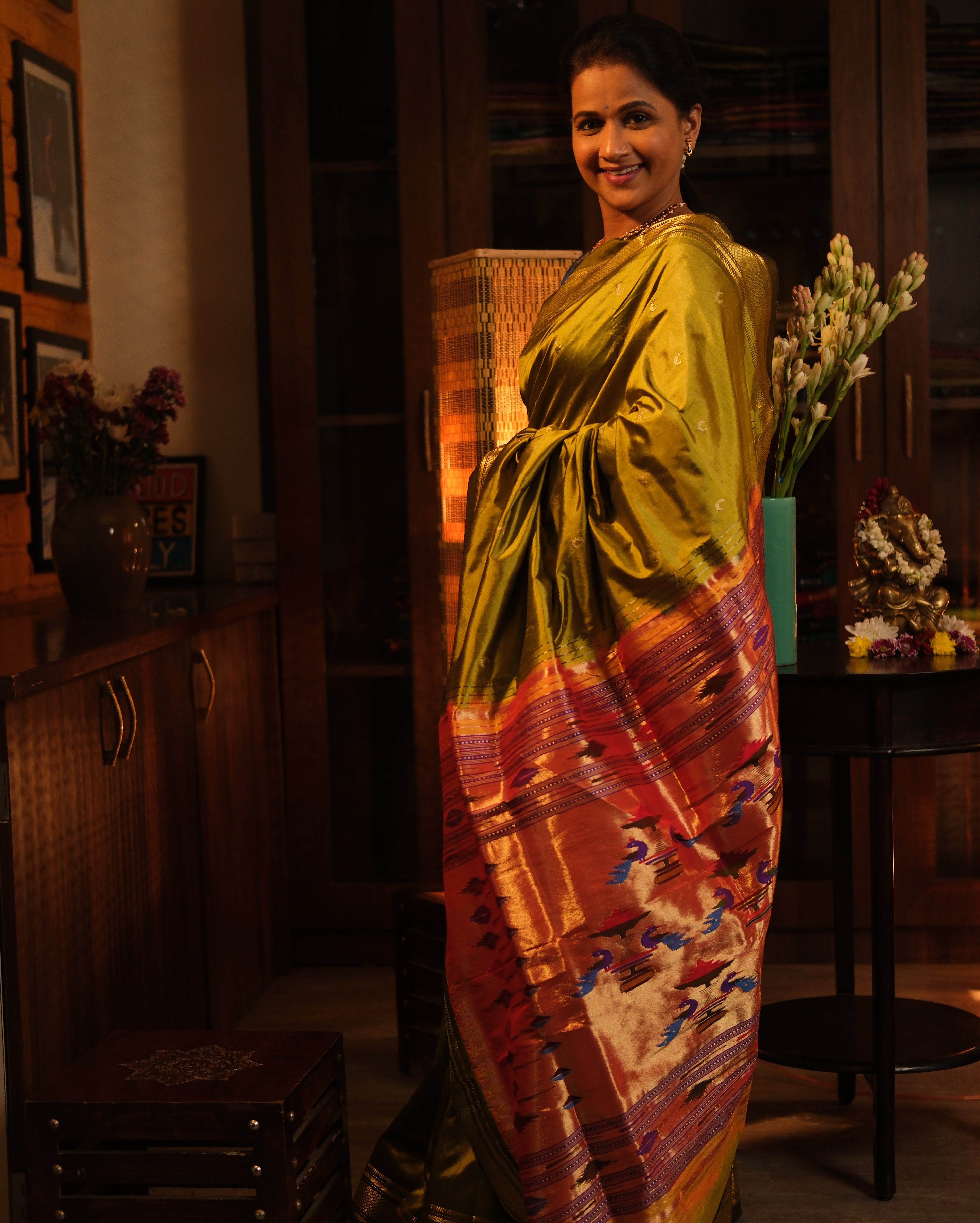 Olive Silk Paithani Saree - SROSPS617