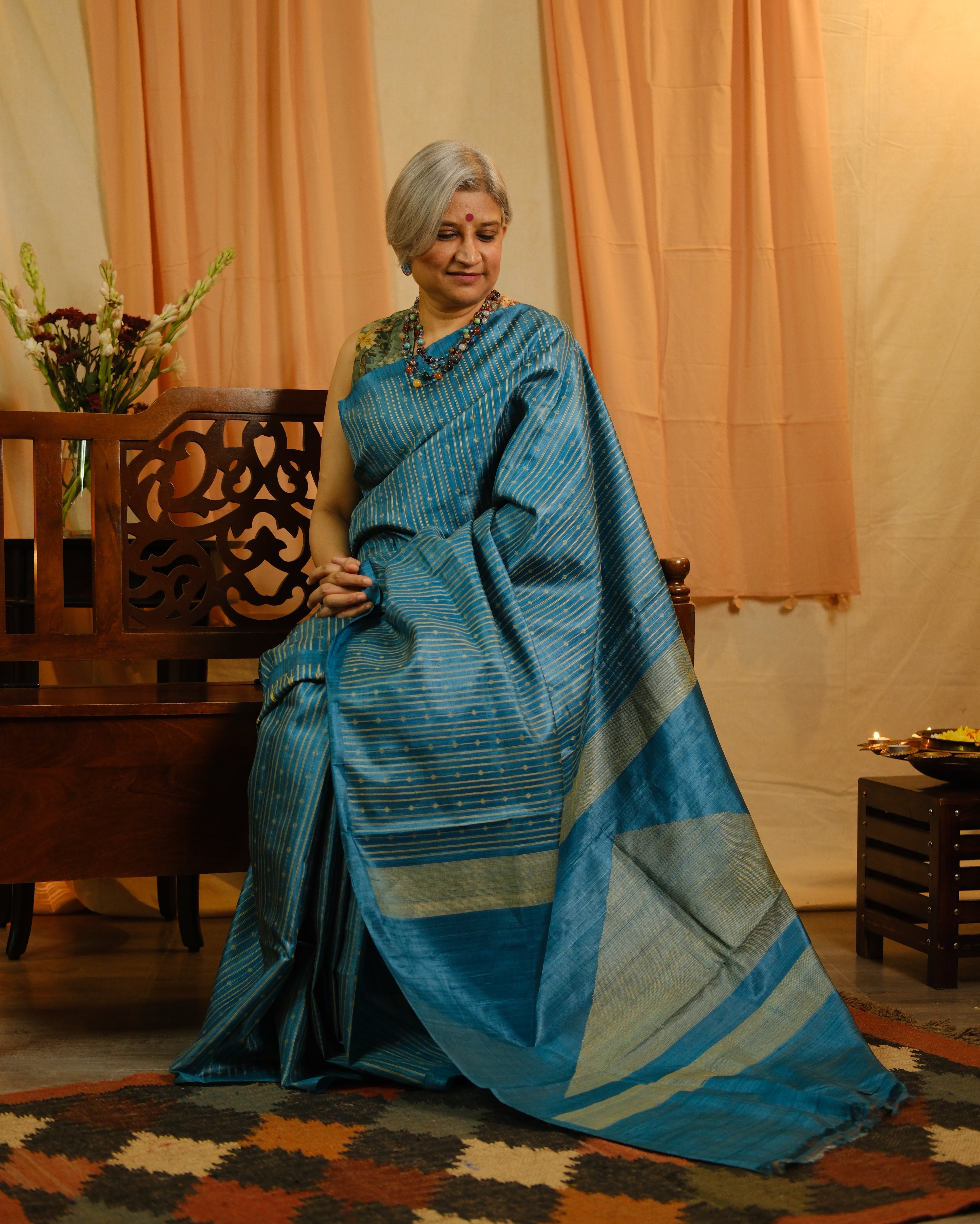 Rama Blue Tussar Silk Saree - SRRBTSS1252