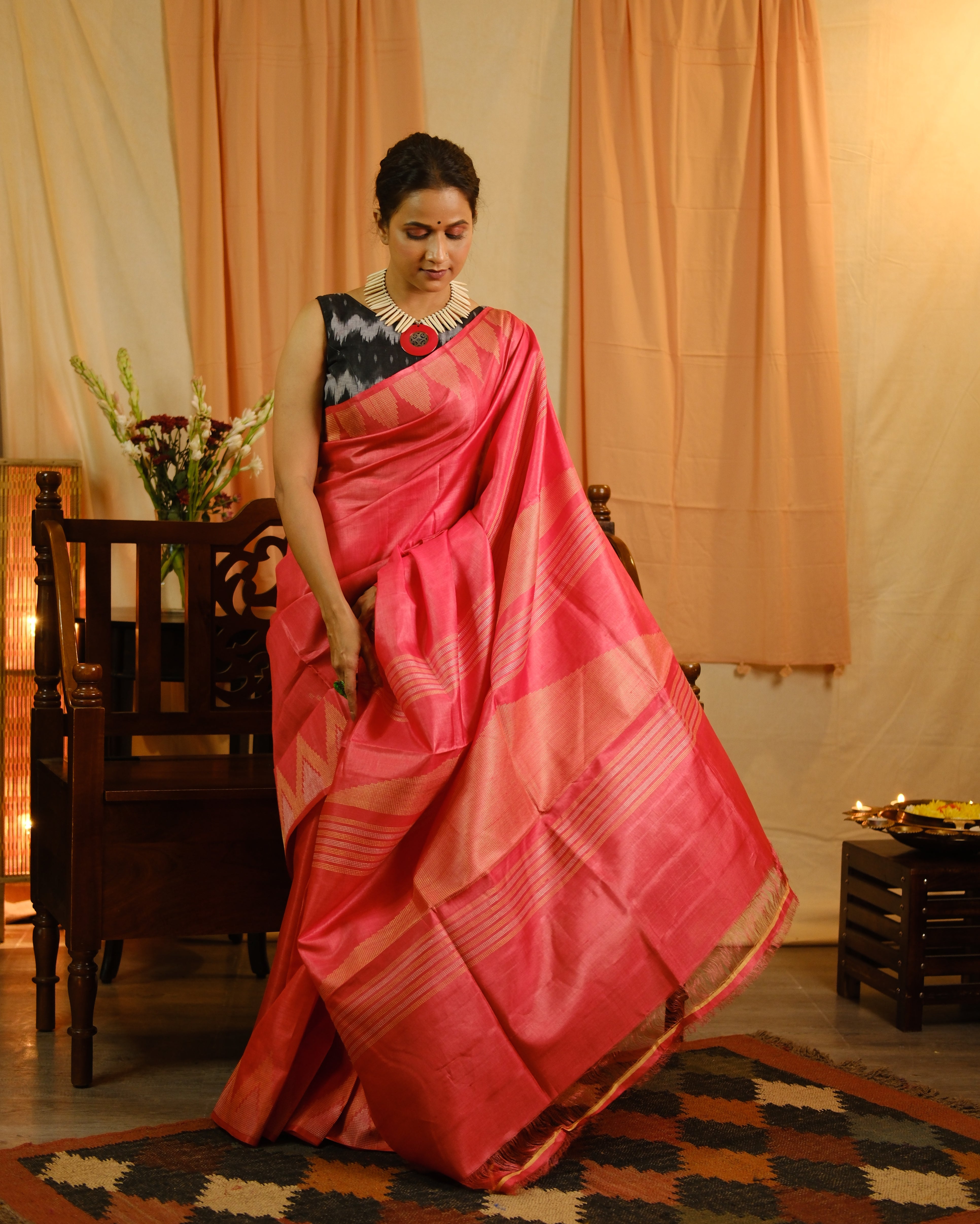 Pink Tussar Silk Saree - SRPTSS1321