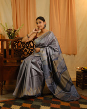 Grey Tussar Silk Saree - SRGTSS1318