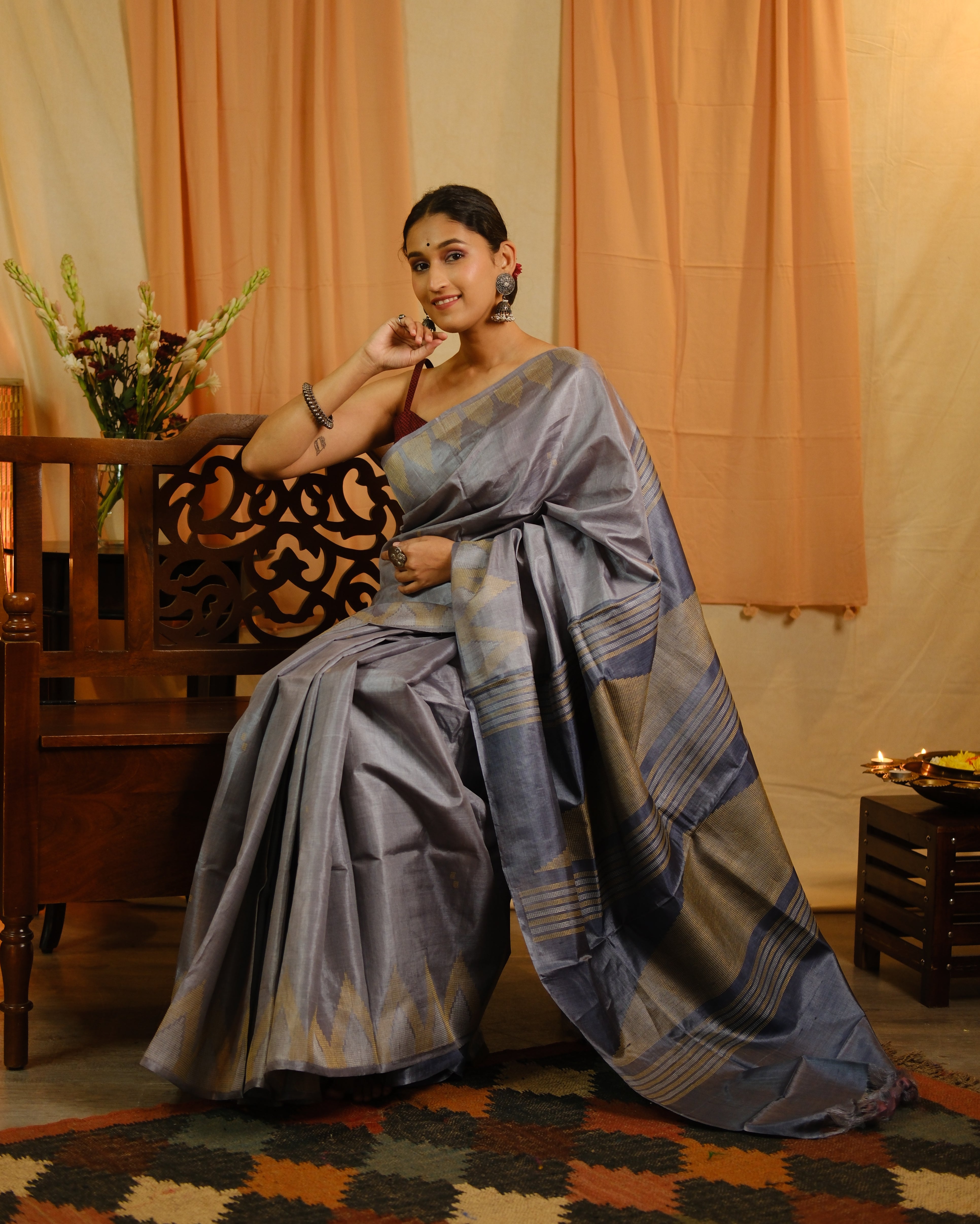 Grey Tussar Silk Saree - SRGTSS1318