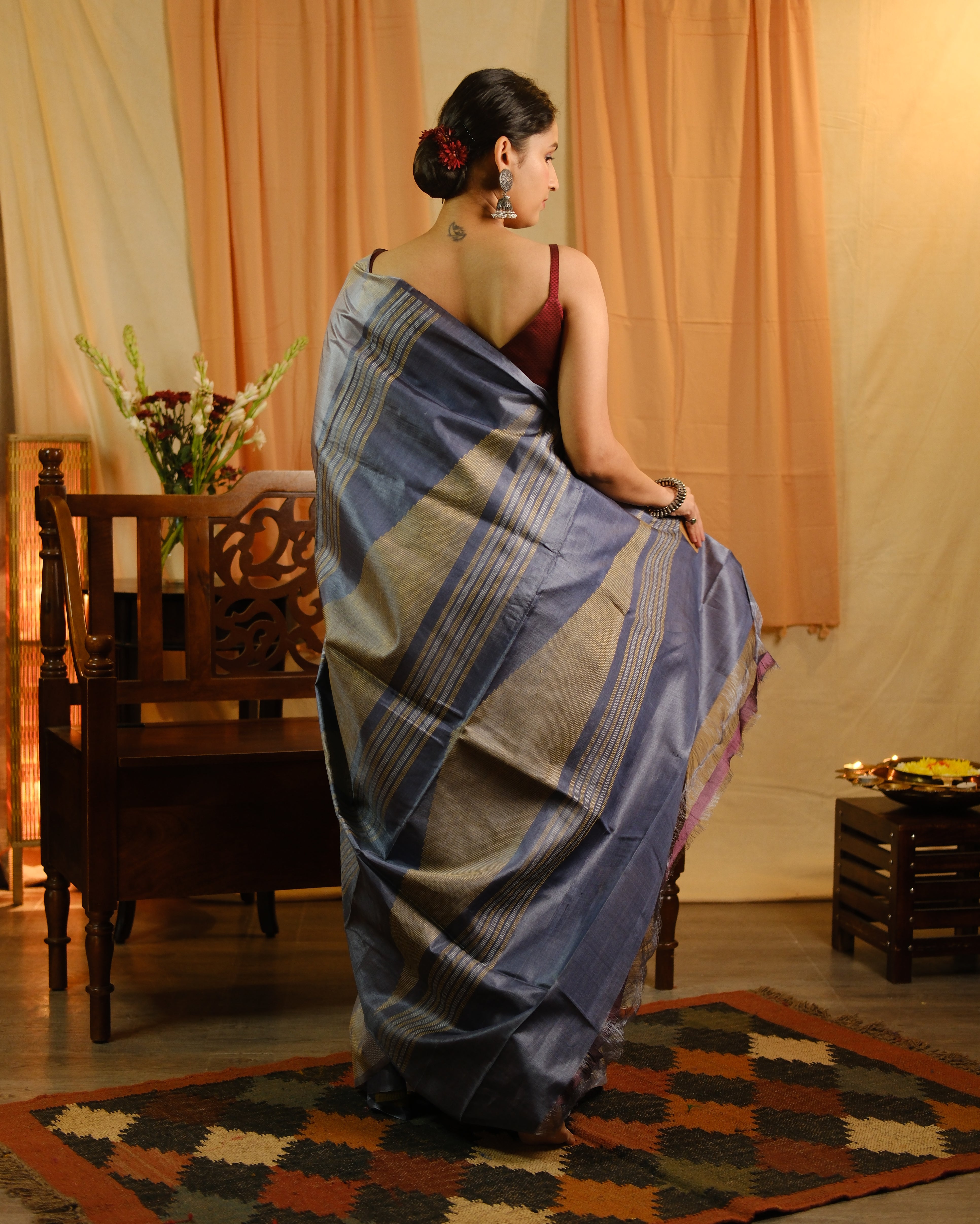 Grey Tussar Silk Saree - SRGTSS1318