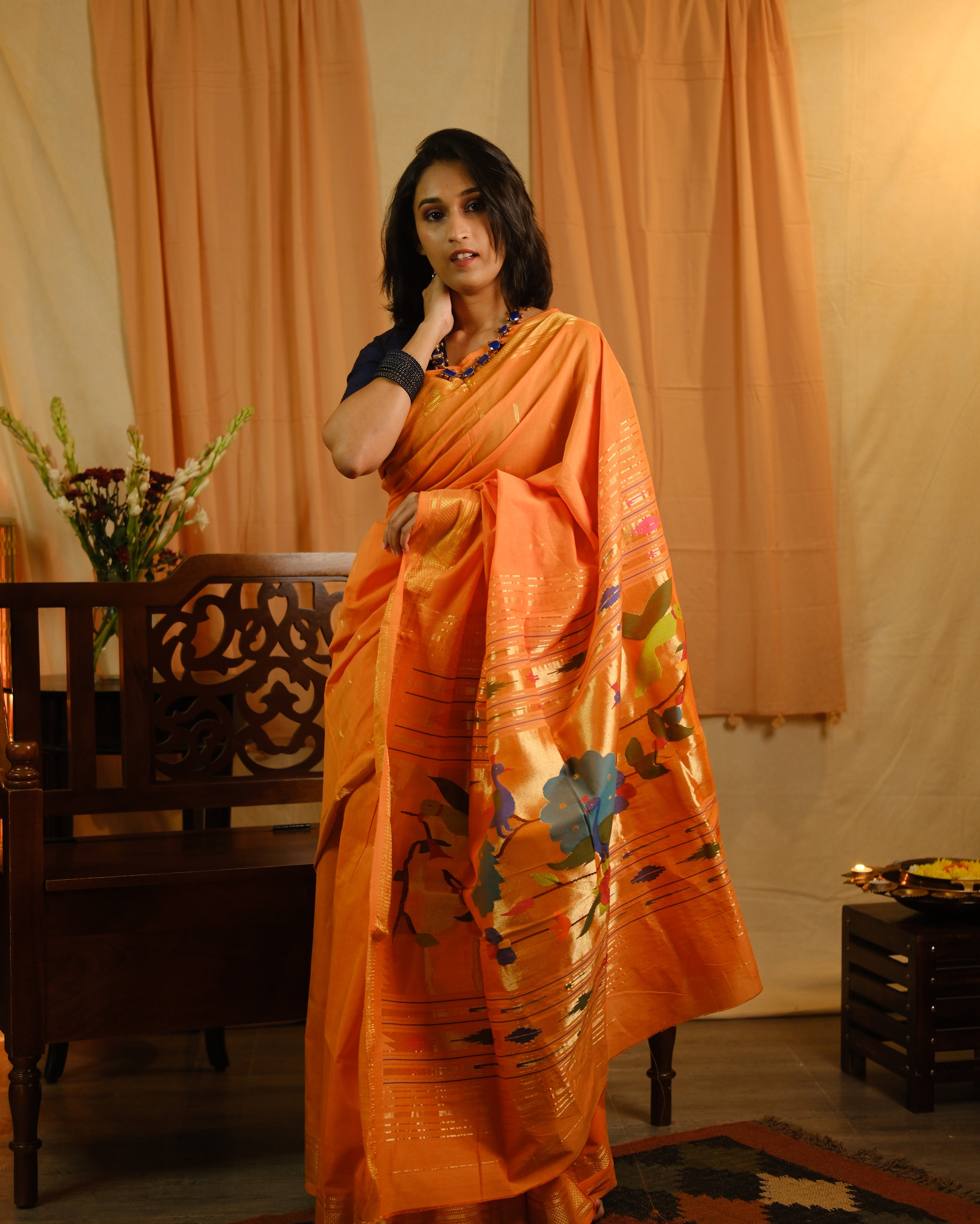 Orange Cotton Paithani Saree - SROCPS542