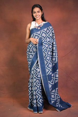 Handloom Pochampalli Cotton Ikat Navy Blue Saree