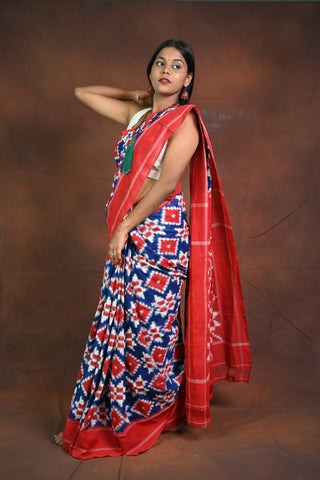 Handloom Pochampalli Cotton Ikat Blue Saree With Red Pallu