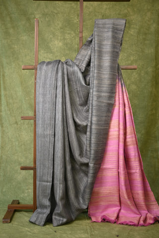 Grey Ghicha Tussar Silk Saree With Light Pink Pallu