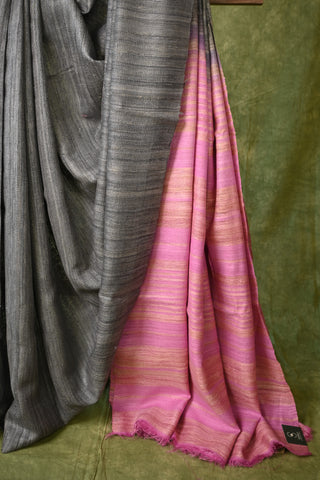 Grey Ghicha Tussar Silk Saree With Light Pink Pallu