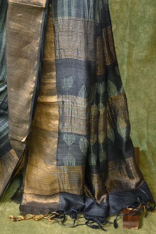 Indigo HBP Tussar Silk Saree With Stripes Print