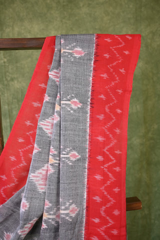 Handloom Pochampalli Cotton Ikat Grey Saree With Red Border