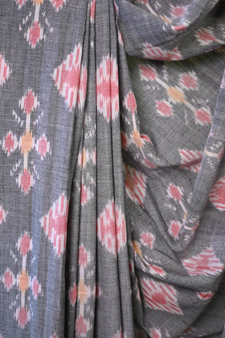 Handloom Pochampalli Cotton Ikat Grey Saree With Red Border