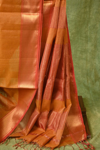 Light Orange Maheshwari Tissue Silk Saree With Stripes