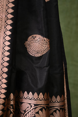 Black Banarasi Silk Saree With Big Floral Golden Zari Border