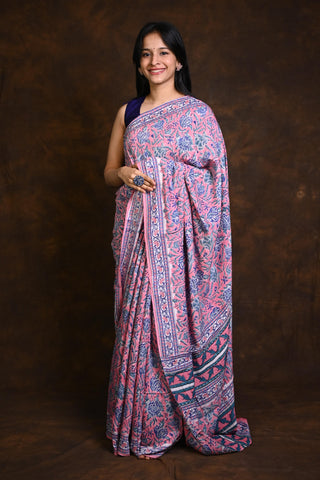 Pink Modal Silk Saree With Big Floral Print