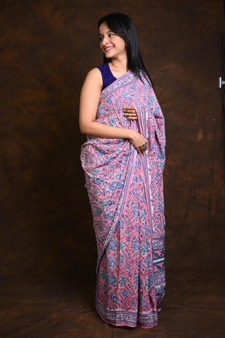 Pink Modal Silk Saree With Big Floral Print