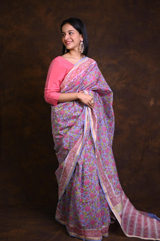 Powder Blue Pink Floral Sanganeri Print Chanderi Cotton Silk Saree