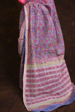 Powder Blue Pink Floral Sanganeri Print Chanderi Cotton Silk Saree