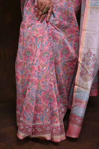 Peach Pink-Sky Blue Floral Sanganeri Print Cotton Silk Chanderi Saree