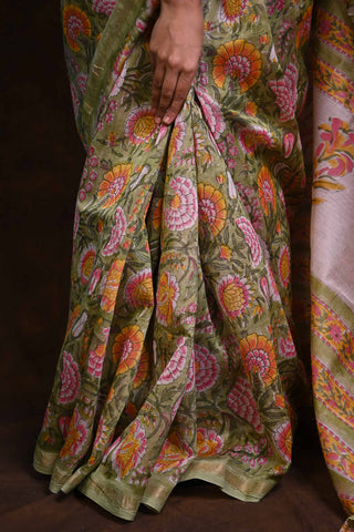Pista Green Big Floral Sanganeri Print Cotton Silk Chanderi Saree