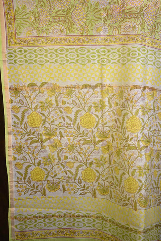 Parrot Green Big Flower Sanganeri Print Cotton Silk Chanderi Saree