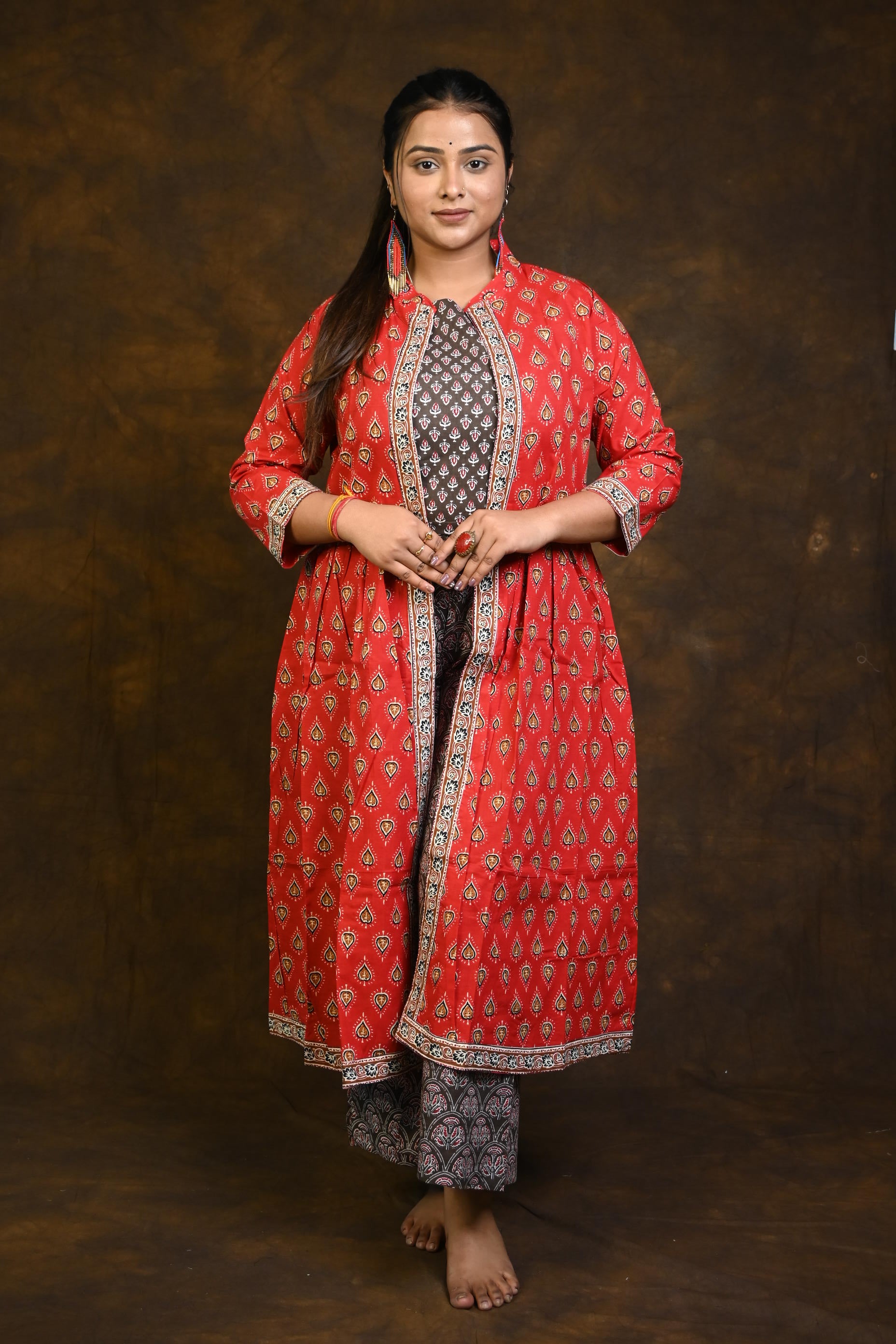 Kashish-Red HBP Cotton 3 Piece Dress Suits (Co-ord Set)