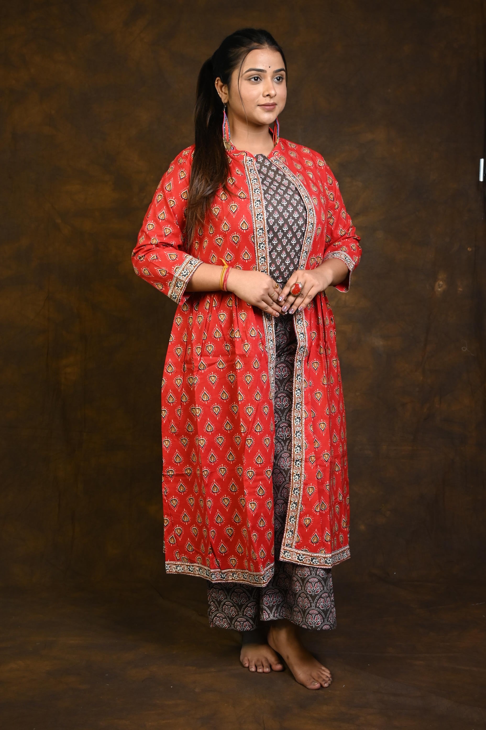 Kashish-Red HBP Cotton 3 Piece Dress Suits (Co-ord Set)